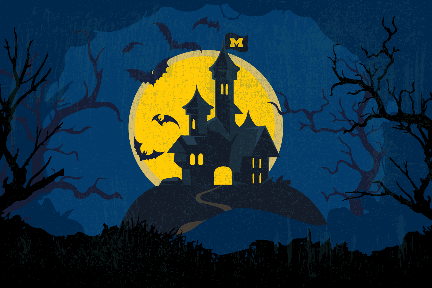 Spooky Halloween Manor with Bats and a U-M Flag at the top