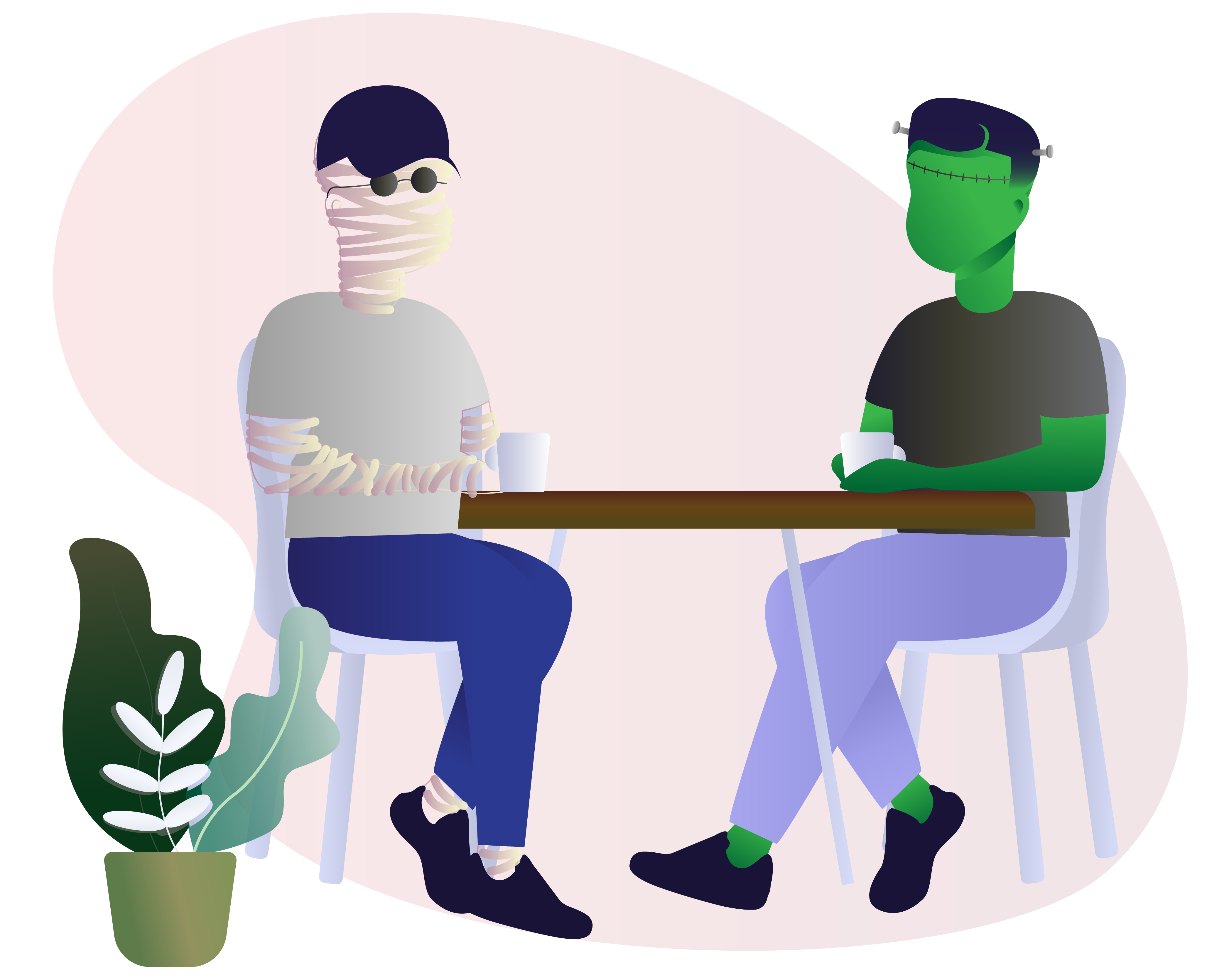 Frankenstein and Invisible Man Sitting at Table Chatting