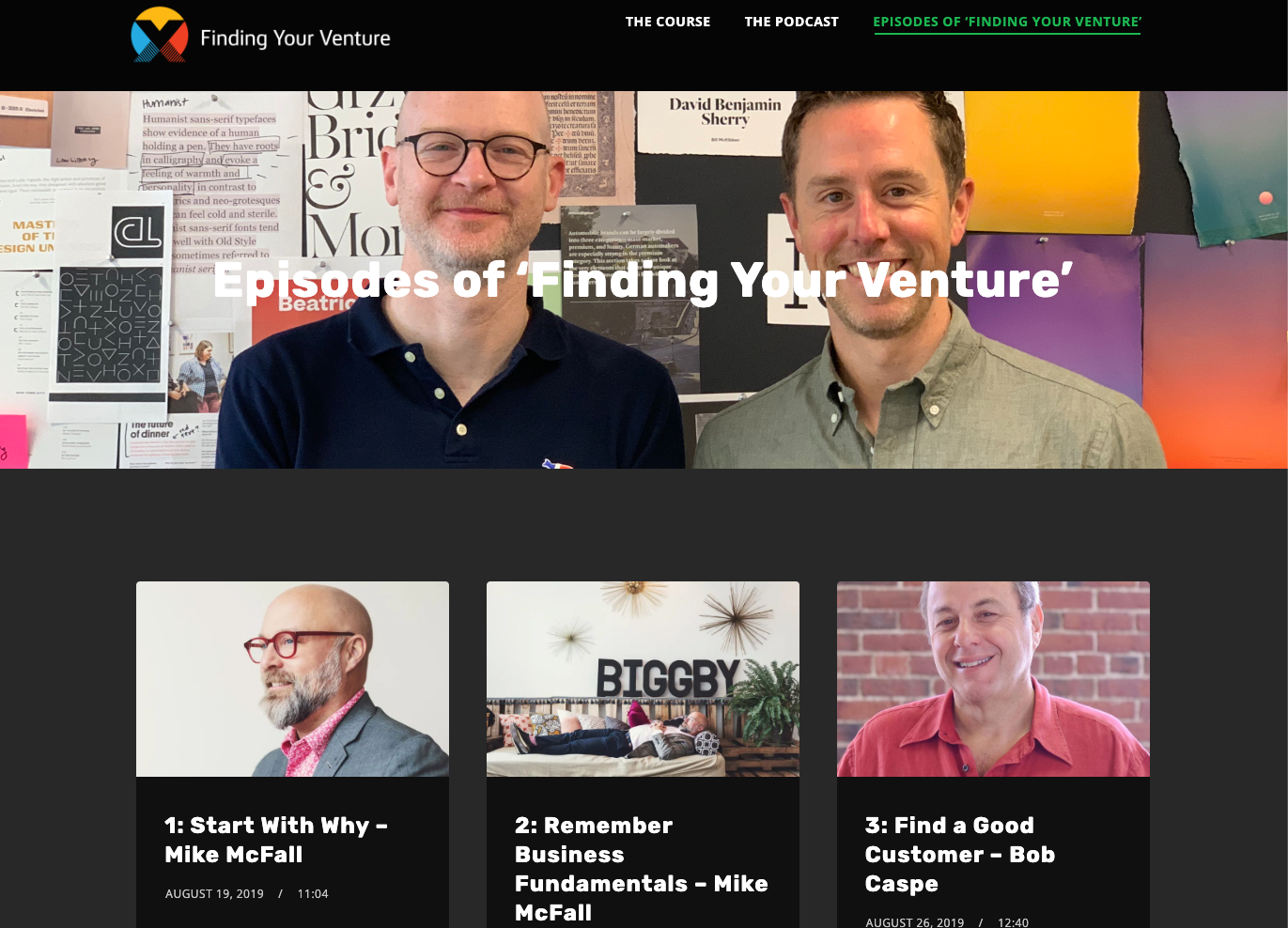 Homepage of the Finding Your Venture Podcast website