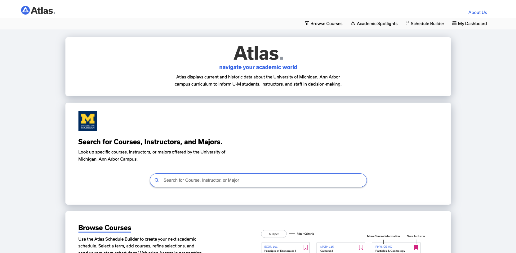 Screenshot of the homepage for Atlas online software to help navigate course schedule creation for U-M students