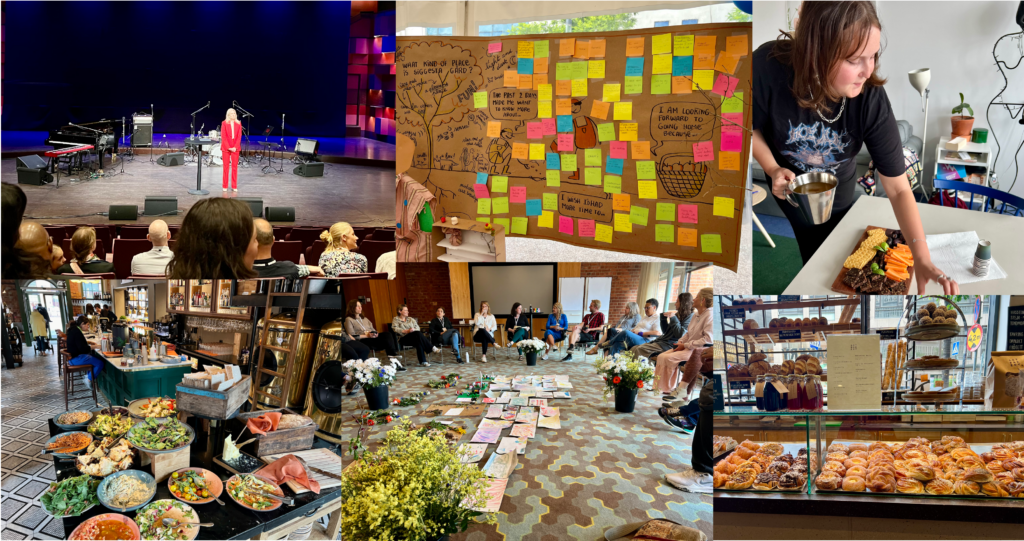 image of pastries and other delights of Denmark, bulletin board with colorful sticky notes. group of people collaborating around ideas laid out on a floor