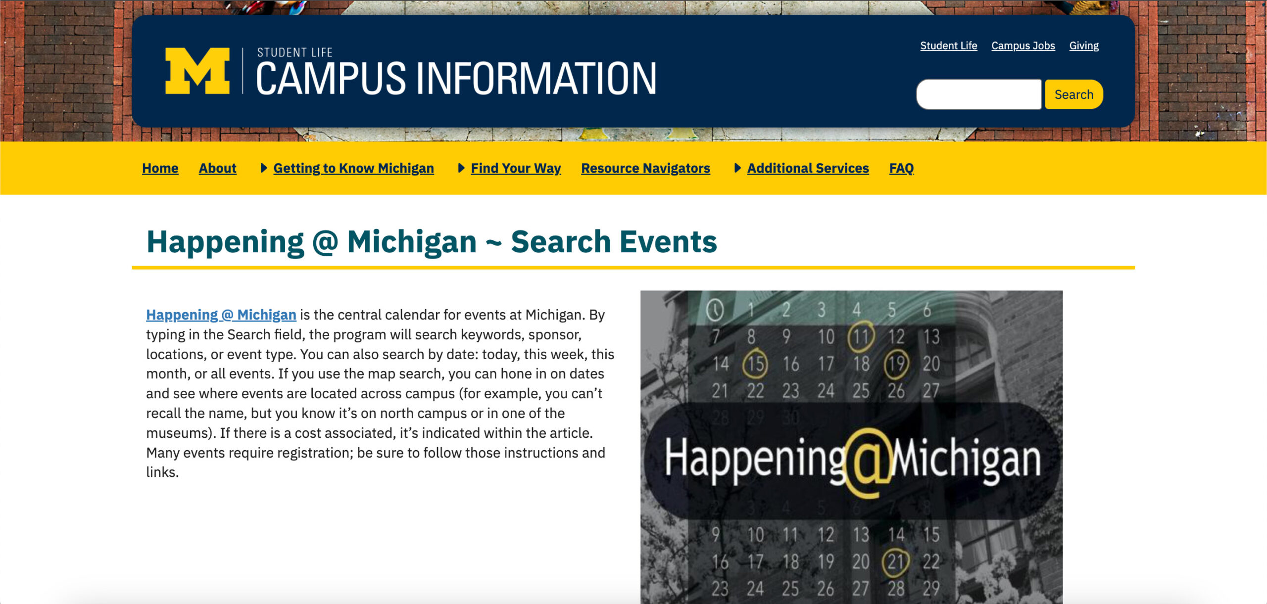 Happening at Michigan: Screenshot of the website.