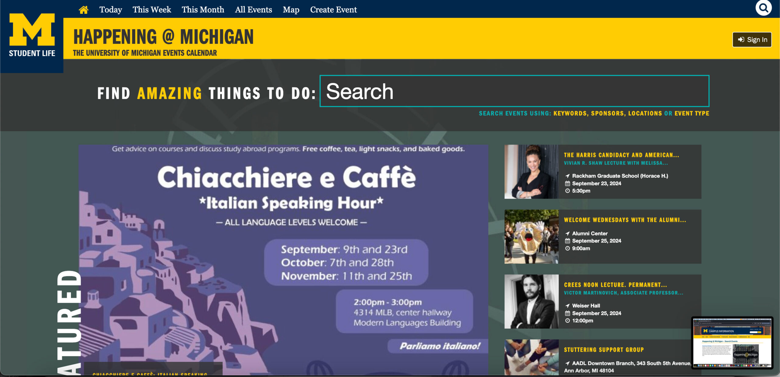 Happening at Michigan: Screenshot of the website.