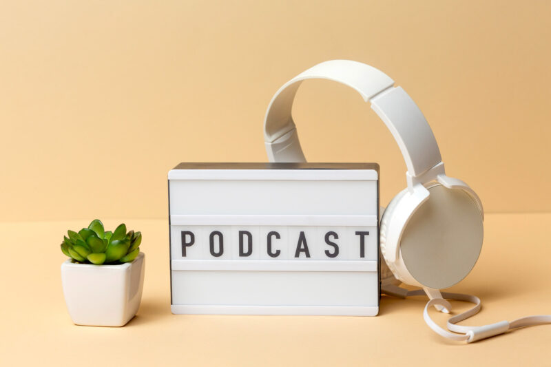 podcast lightbox with headphones in white and a succuent plant