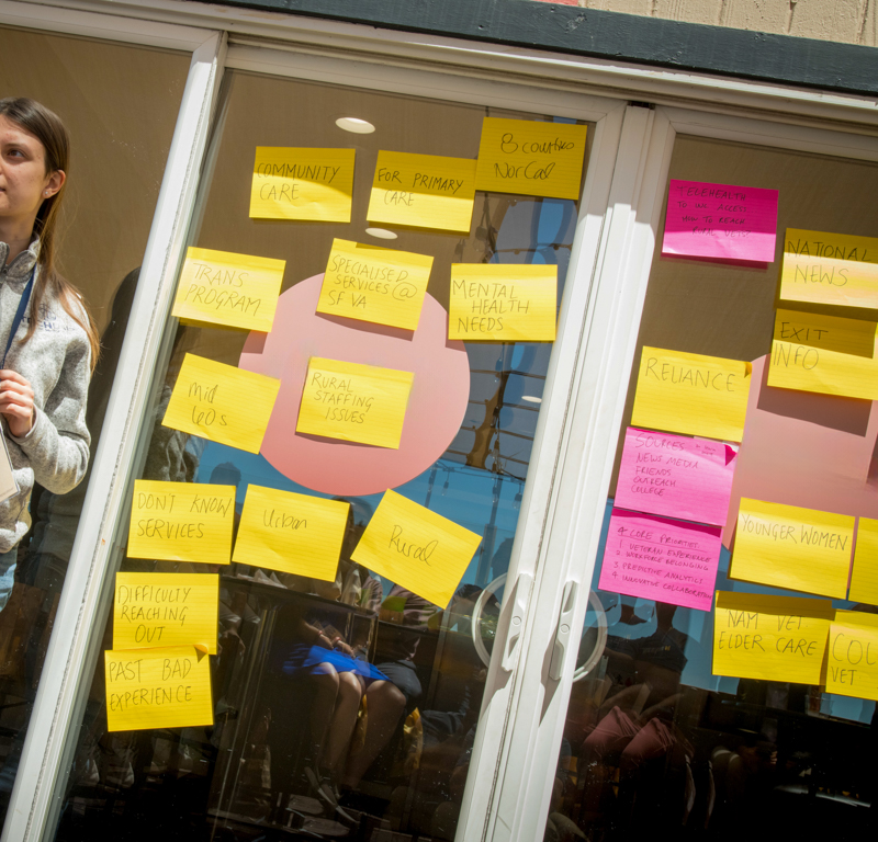 student showing idea board made out of yellow and pink post-it notes with ideas