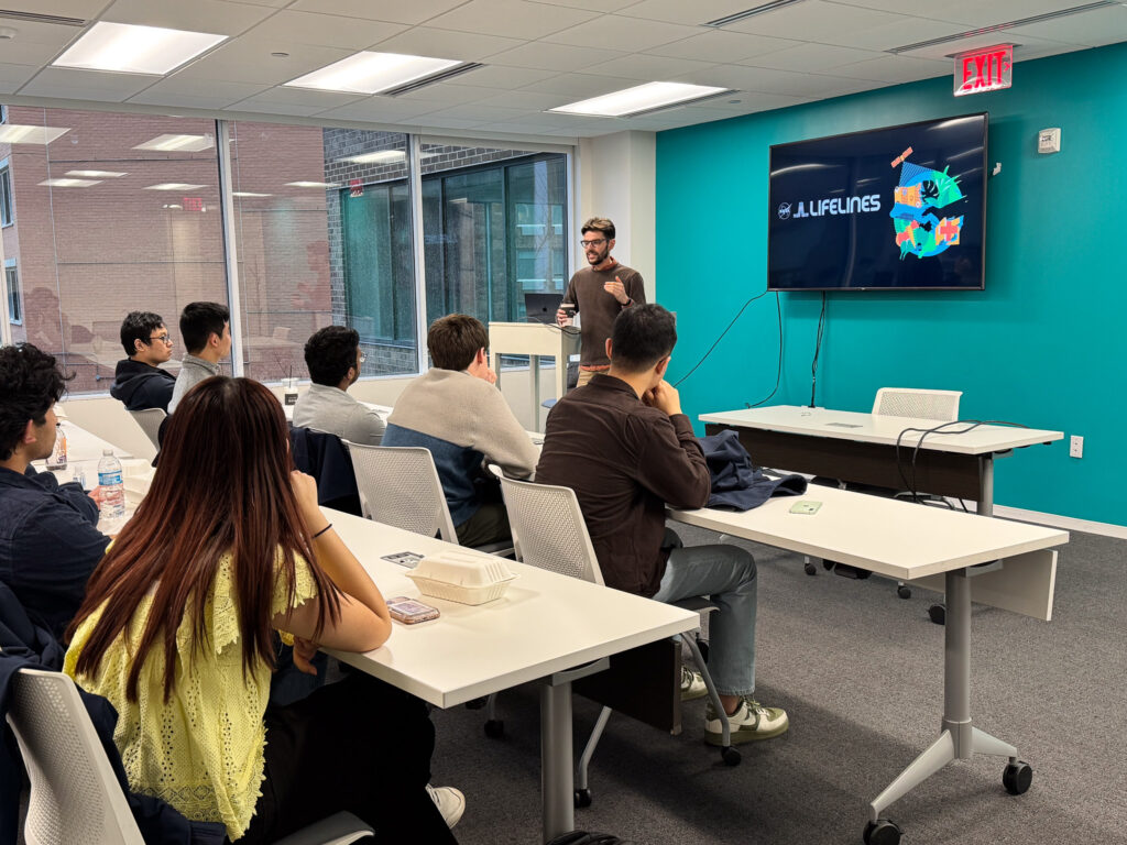 Jeff Pituch, a former leader at LSA’s optiMize, speaks to students about NASA Lifelines, an initiative using satellite data to monitor astronaut health.