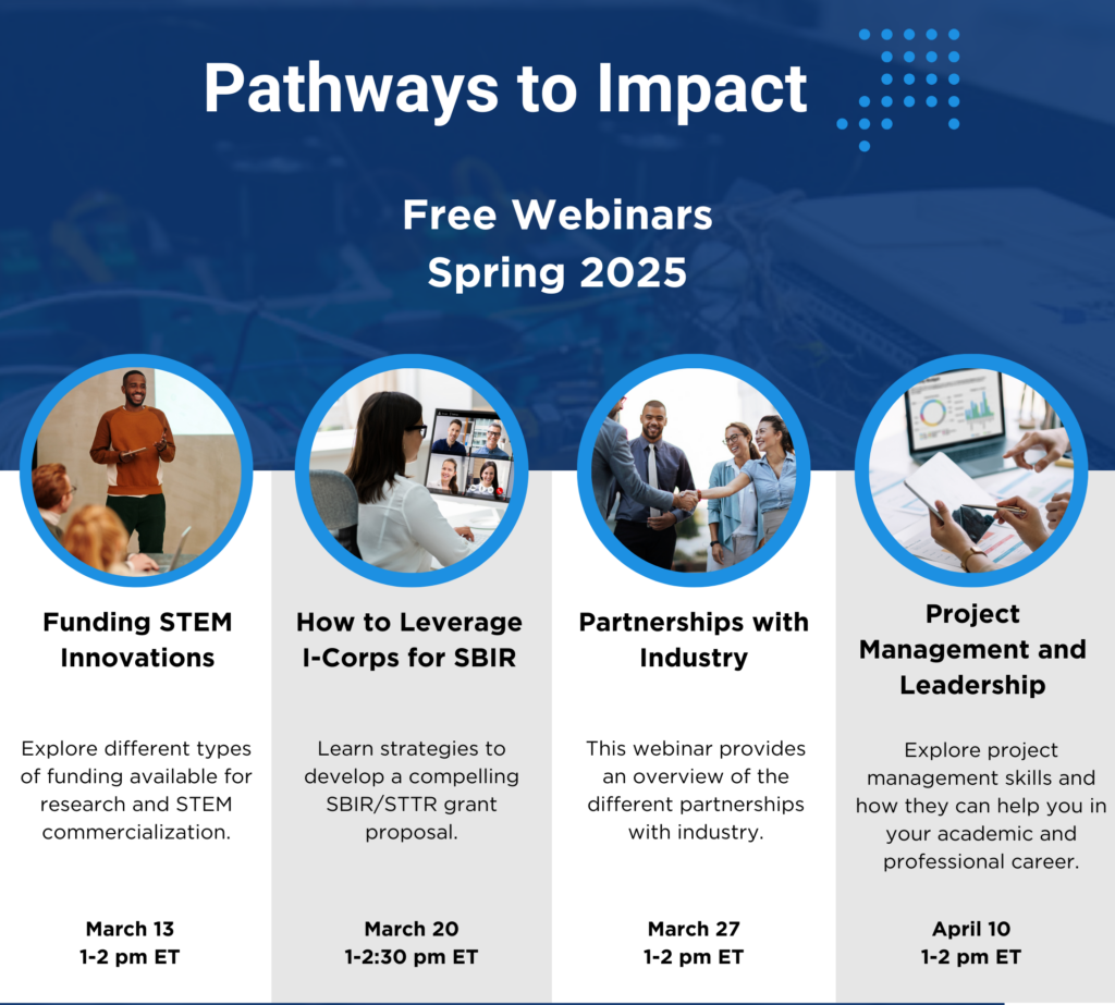 Pathways to impact free webinars for spring 2025, all times are eastern standard time funding stem innovations March 13, 1-2pm How to leverage i-corps for sbir March 20 1-2:30pm Partnerships with Industry March 27 1-2pm project management and leadership April 10 1-2pm