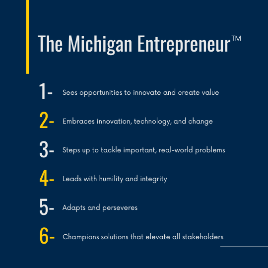 The Michigan EntrepreneurTM
● Sees opportunities to innovate and create value
● Embraces innovation, technology, and change
● Steps up to tackle important, real-world problems
● Leads with humility and integrity
● Adapts and perseveres
● Champions solutions that elevate all stakeholders
