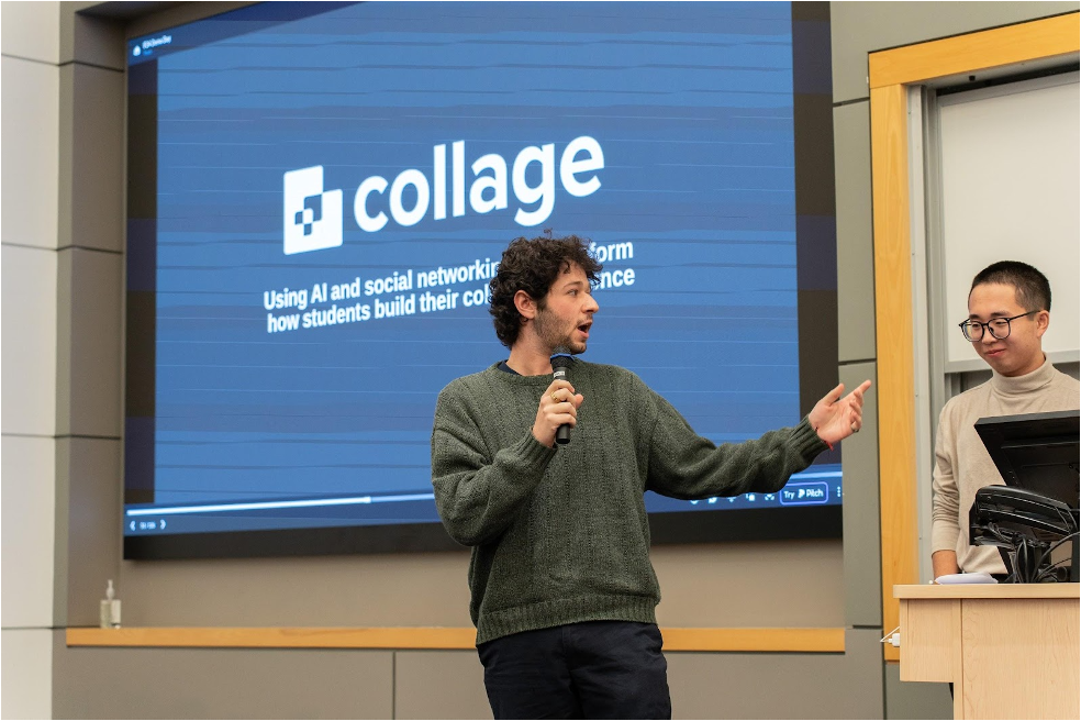 max feldman in front of a board with his brand collage