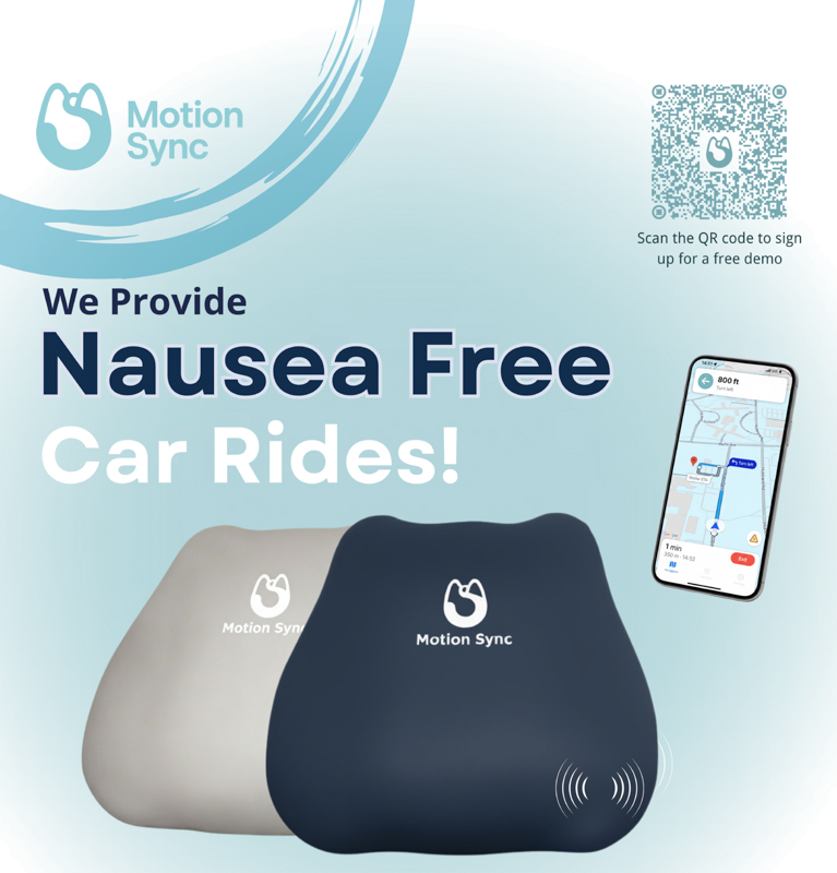 nausea free car rides with an image of motion syncs pillow