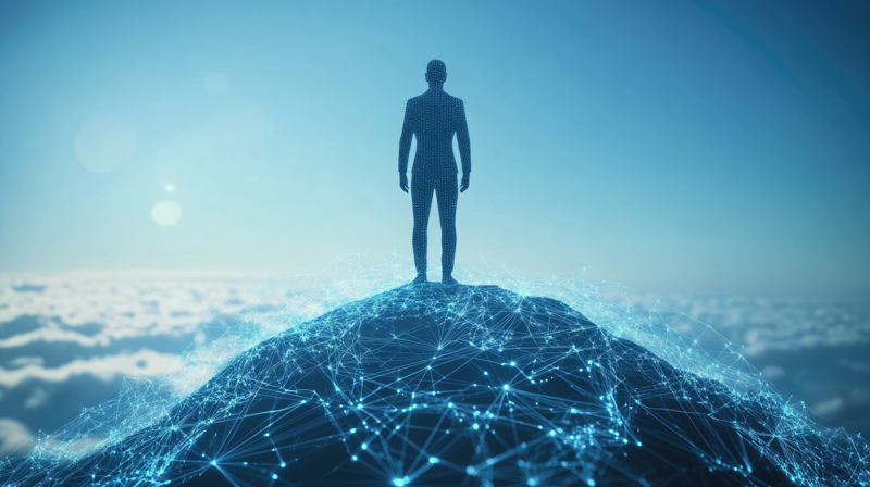Individual at peak of digital advancement symbolizing leadership achievement and success in technology driven business growth and entrepreneurial ventures Leadership and challenge triumph