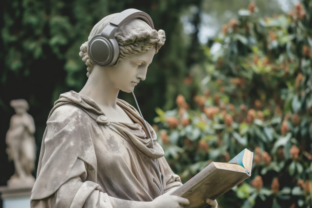 Ancient Greek statue wearing headphones is reading a book in a public park, enjoying an audiobook