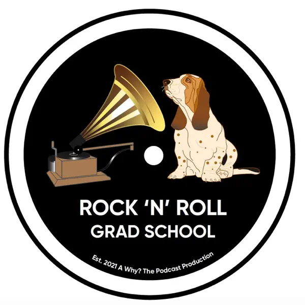 rock and roll grad school podcast logo with a victrola and a dog