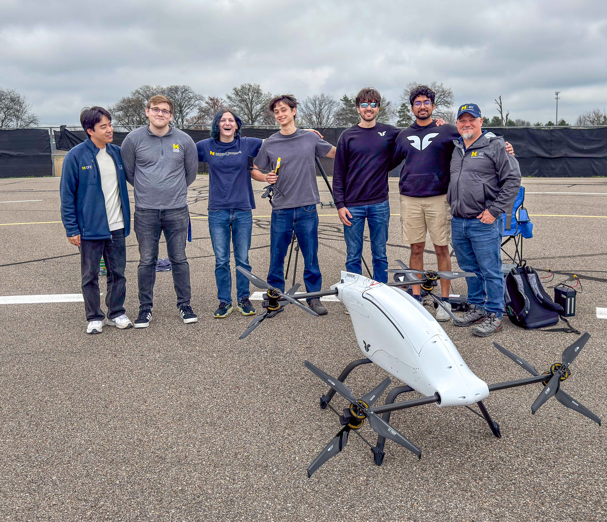 a group of students outside with a drone