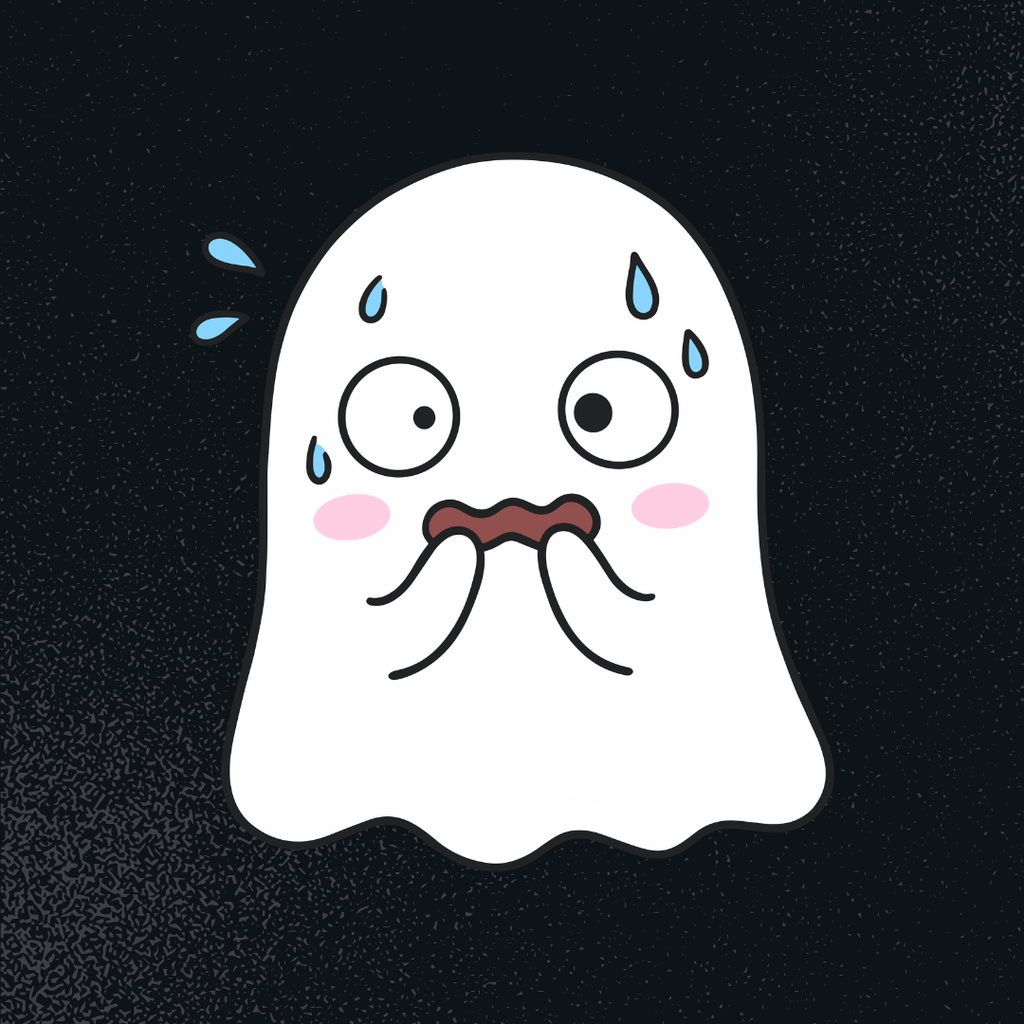 A very nervous ghost is sweating with its hands up to its mouth.