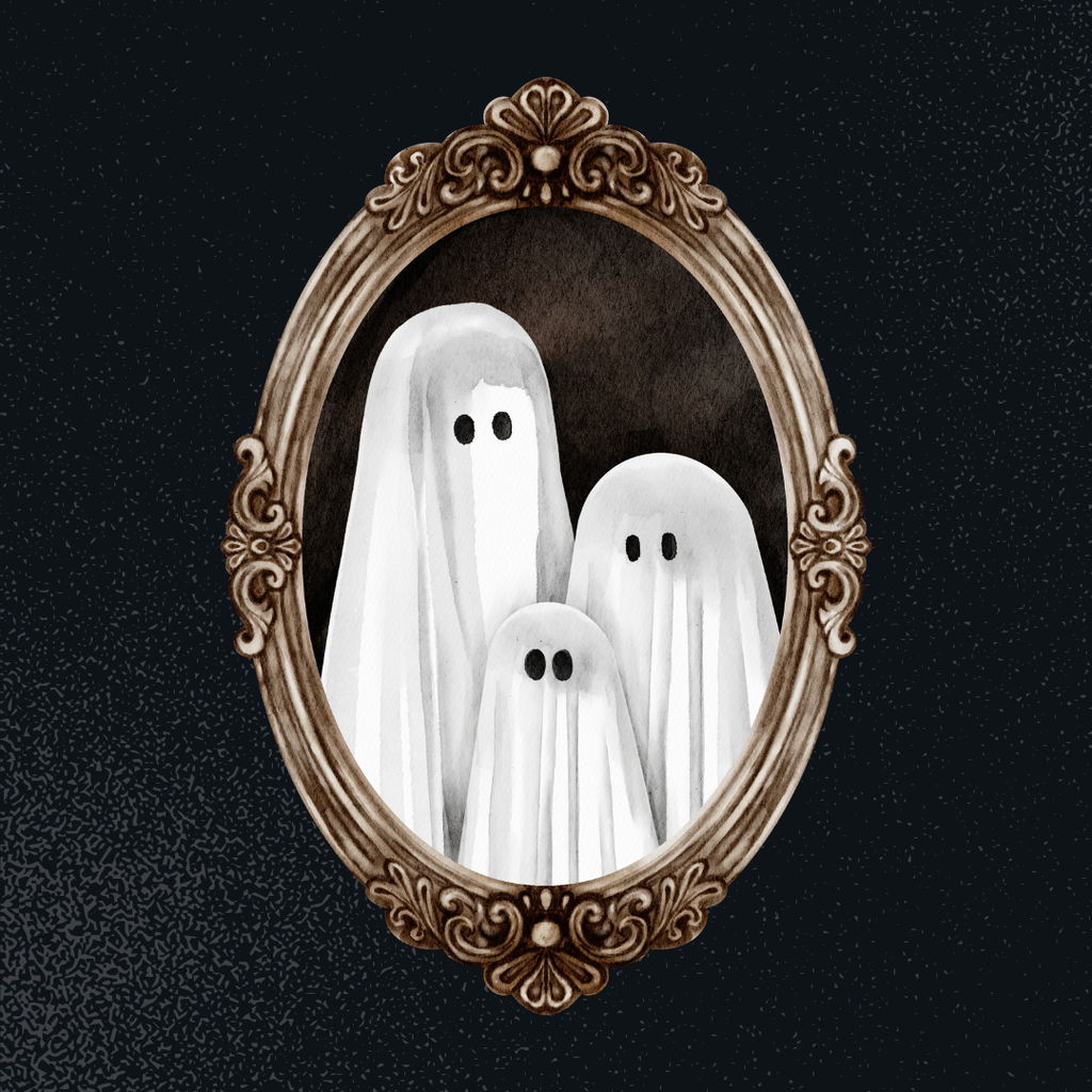 Three ghosts are shown in an ornate round framed photo with a grainy black background.