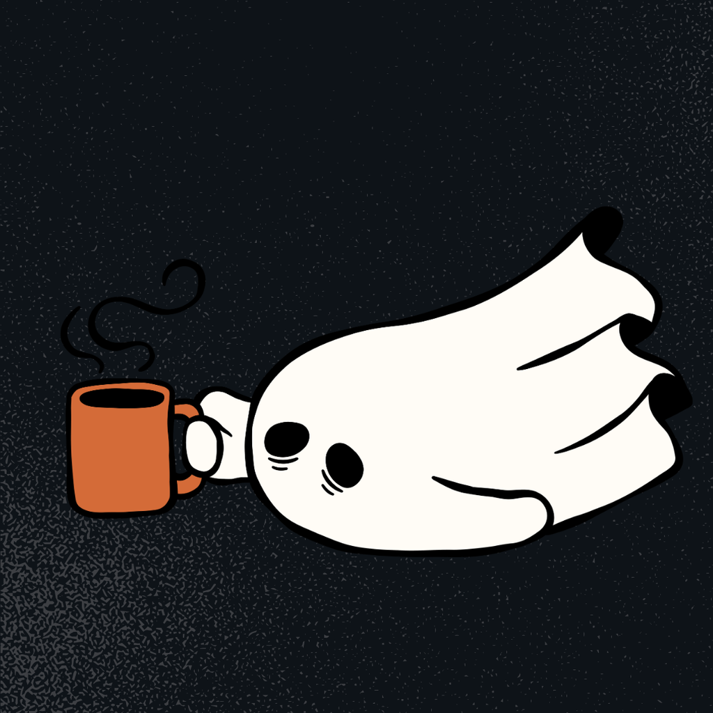 A very tired ghost is laid out on the floor, holding a cup of coffee.